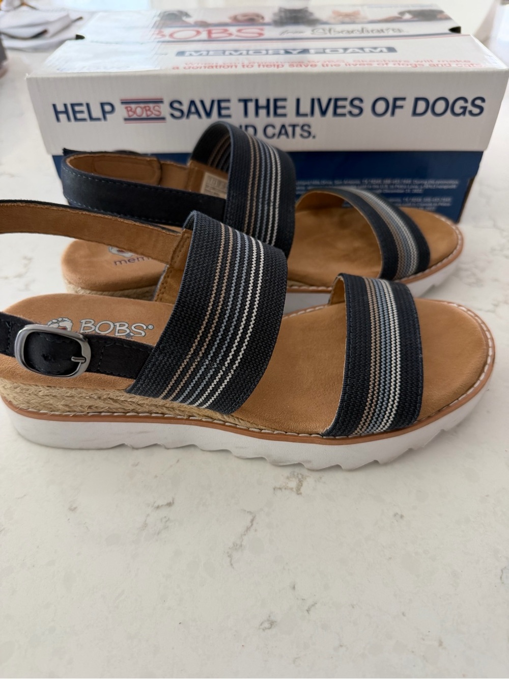 Skechers Women’s Navy and Cream Striped Elastic Slingback Sandals